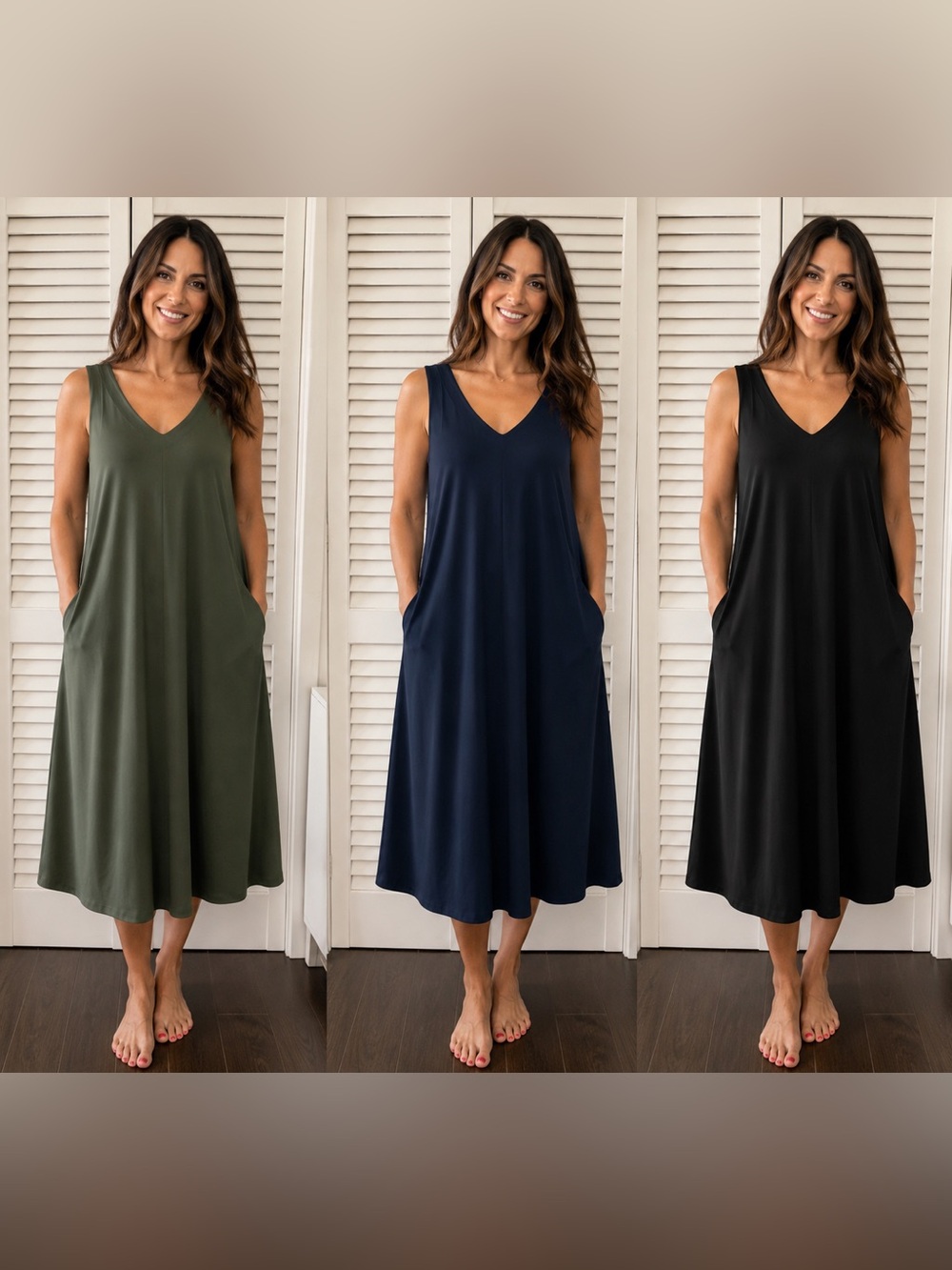 Chico's Sleeveless V-Neck Midi Dress in Olive, Navy, Black